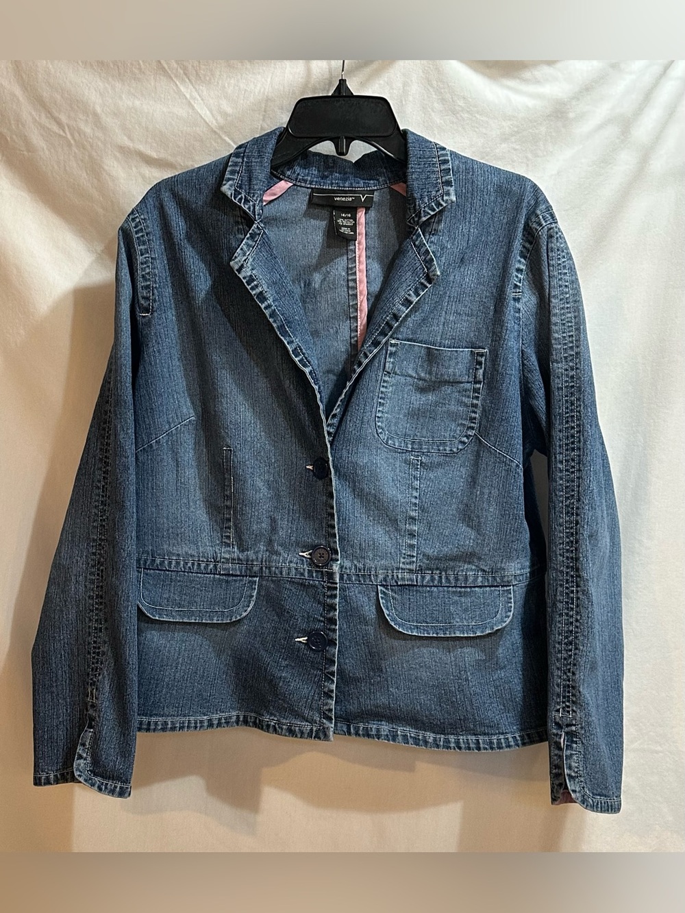 Venezia Denim Jacket in Blue with pink inside accents and 3 button closure.